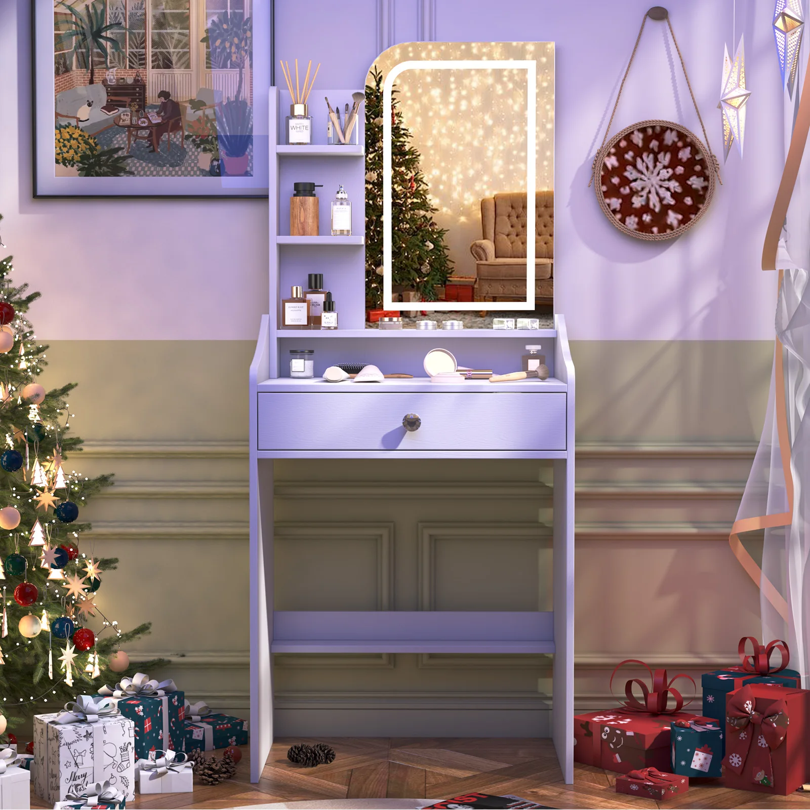 White Dressing Table with Dimmable LED Mirror Makeup Vanity Desk with Storage