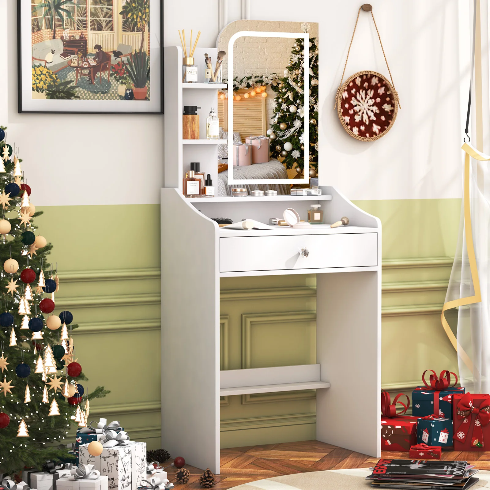 White Dressing Table with Dimmable LED Mirror Makeup Vanity Desk with Storage