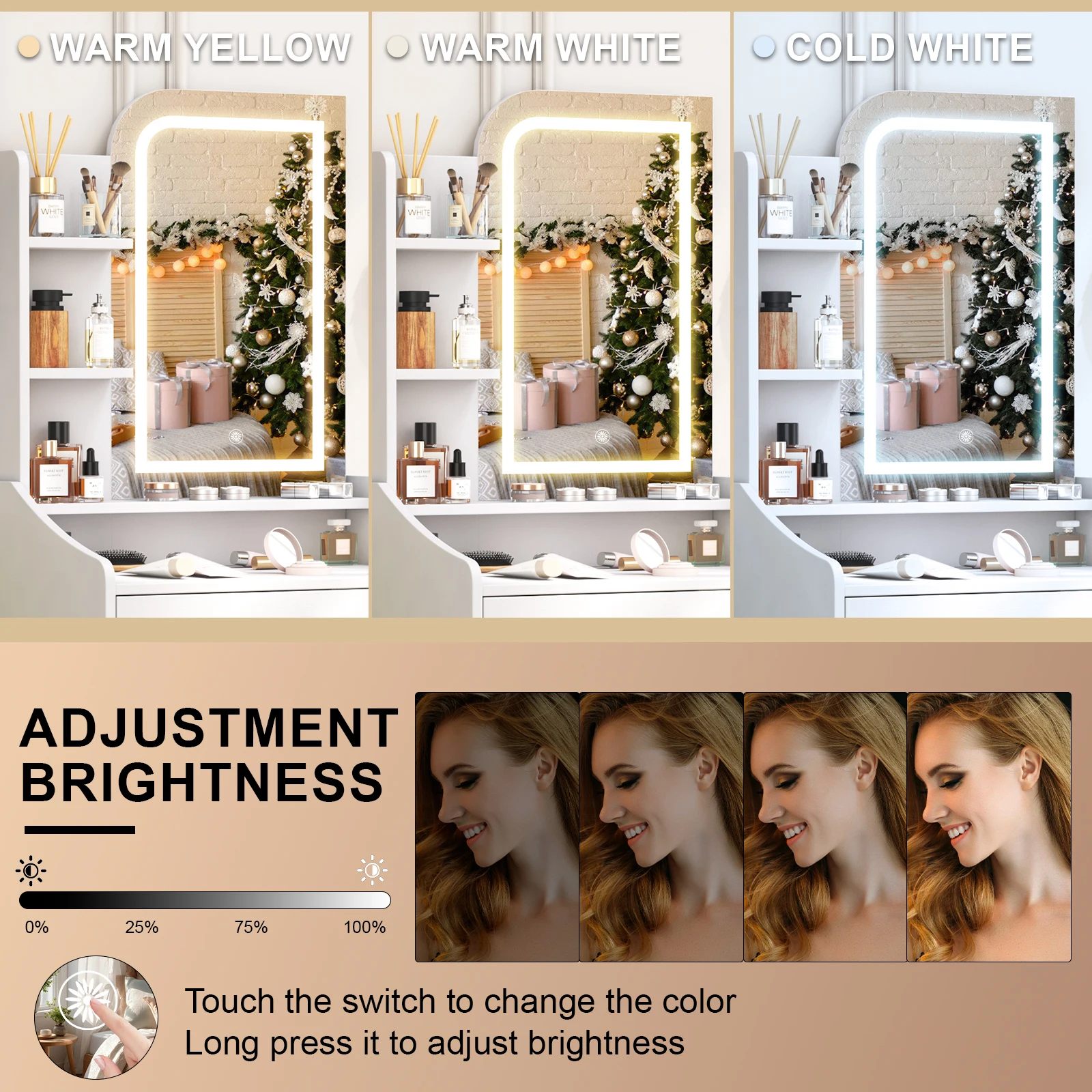 White Dressing Table with Dimmable LED Mirror Makeup Vanity Desk with Storage