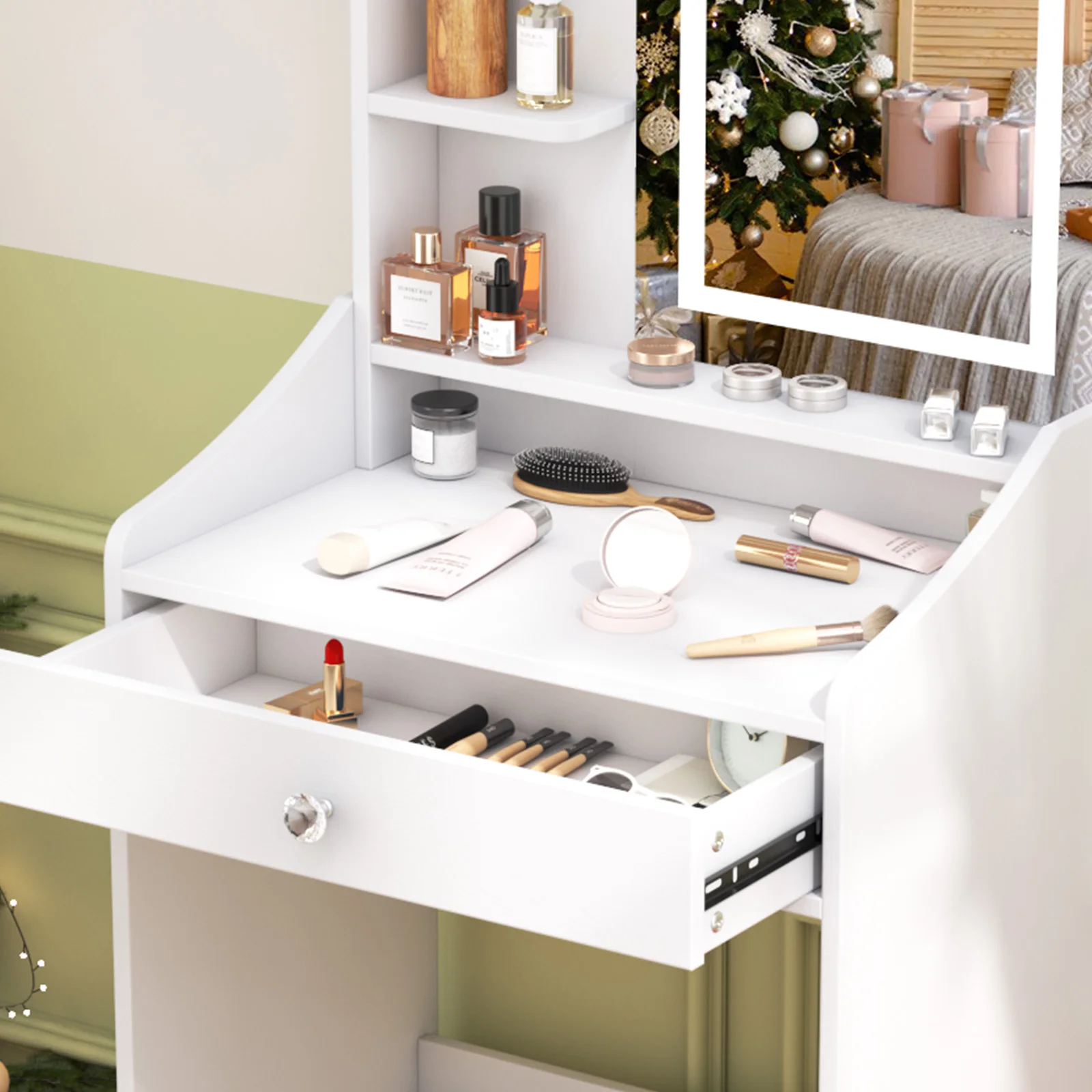 White Dressing Table with Dimmable LED Mirror Makeup Vanity Desk with Storage
