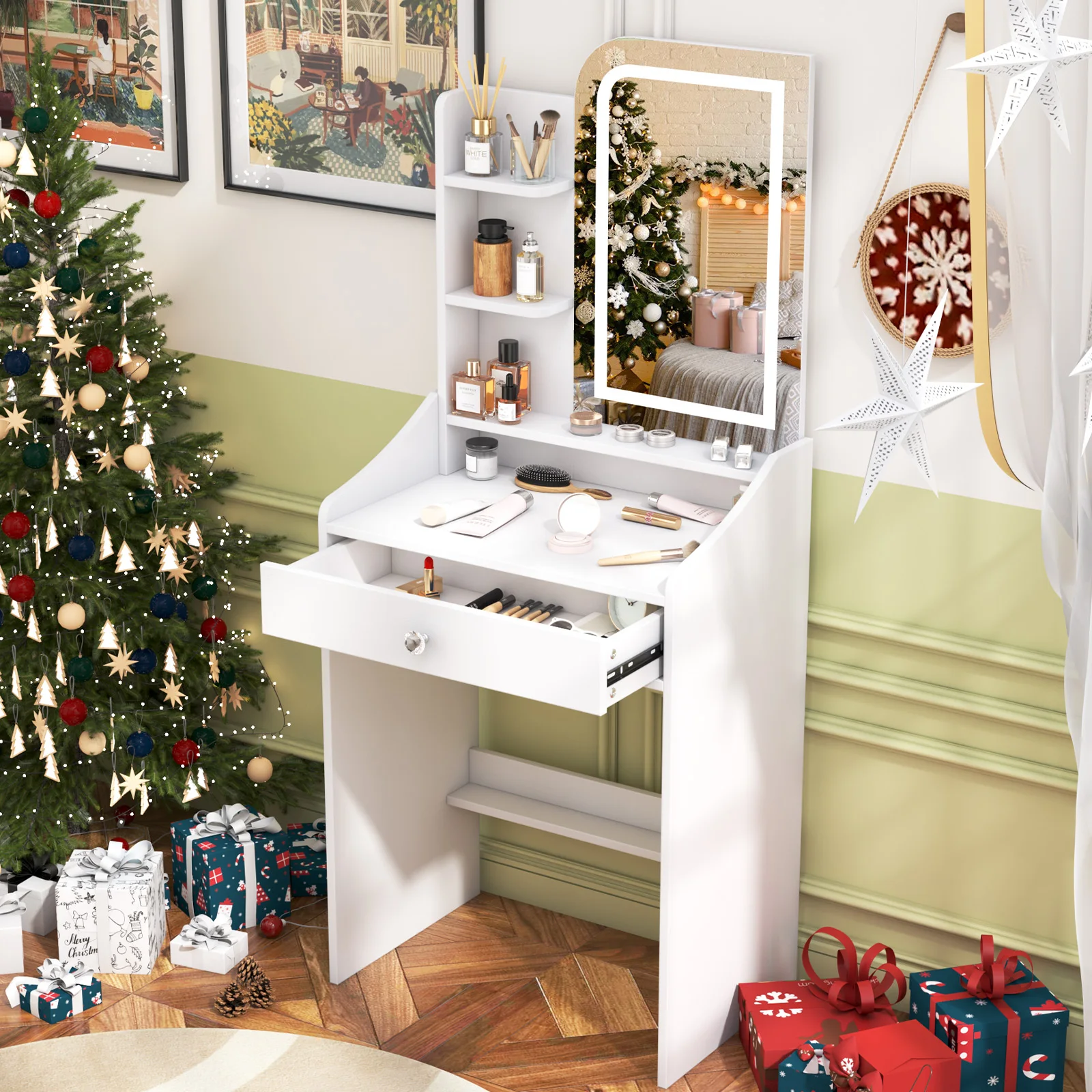 White Dressing Table with Dimmable LED Mirror Makeup Vanity Desk with Storage
