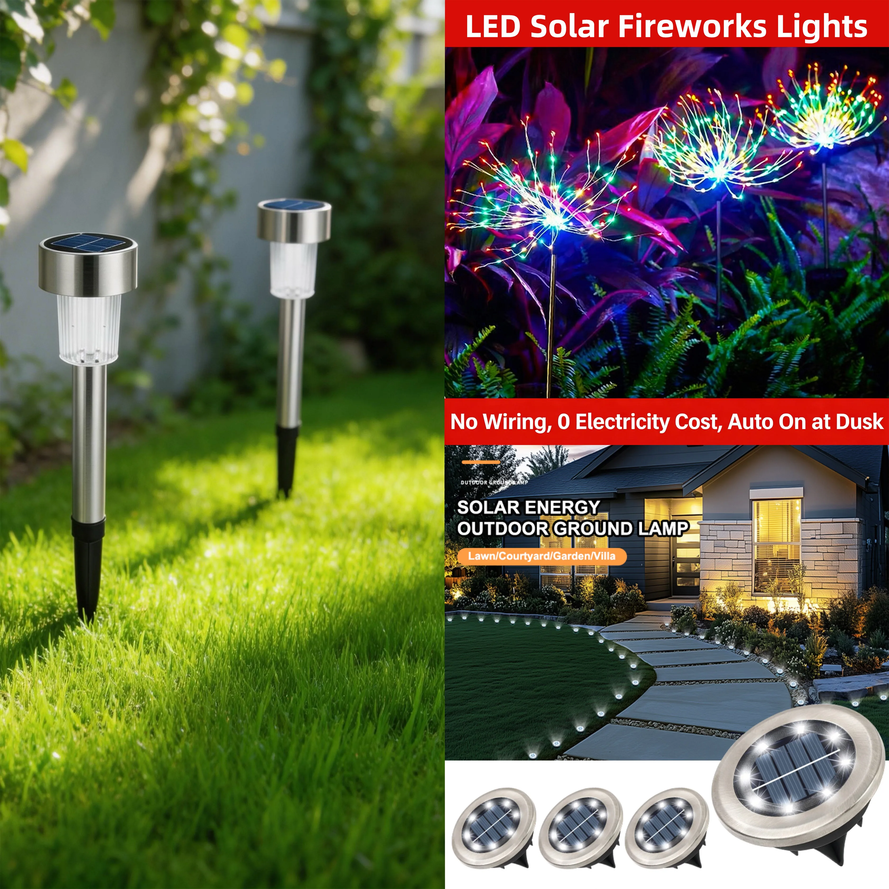8pcs Solar Buried Lights+12pcs solar outdoor LED stainless steel stick lights+4pcs Multi-Color 90LED Starburst String Light IP44