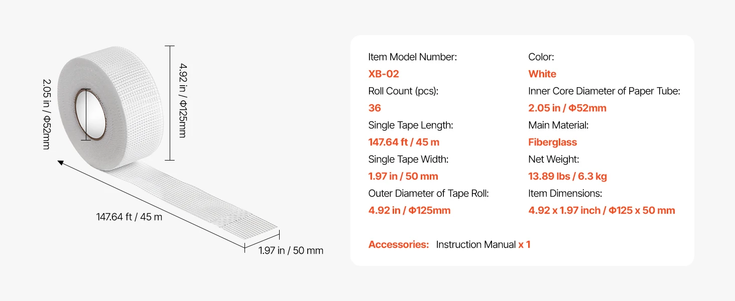 SucceBuy Drywall Mesh Tape 1.97inWx147.64ftL Self-Adhesive Fiberglass Drywall Joint Tape 36Rolls Dry Wall Patch for Crack Repair