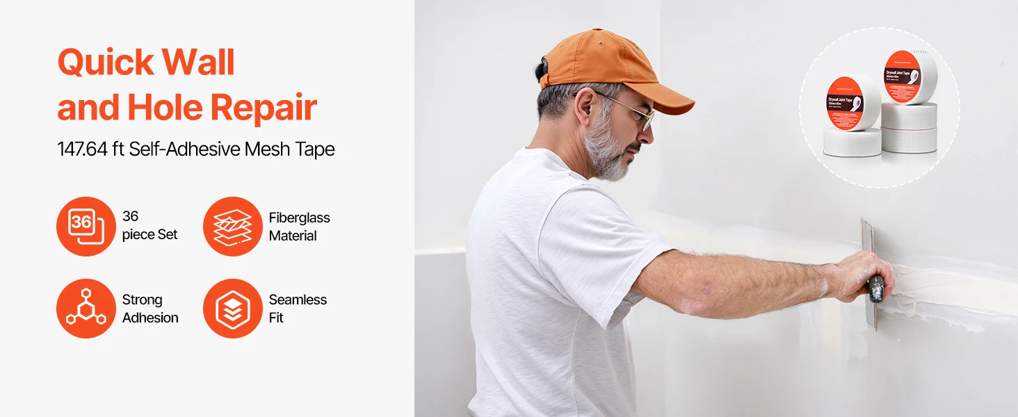 SucceBuy Drywall Mesh Tape 1.97inWx147.64ftL Self-Adhesive Fiberglass Drywall Joint Tape 36Rolls Dry Wall Patch for Crack Repair