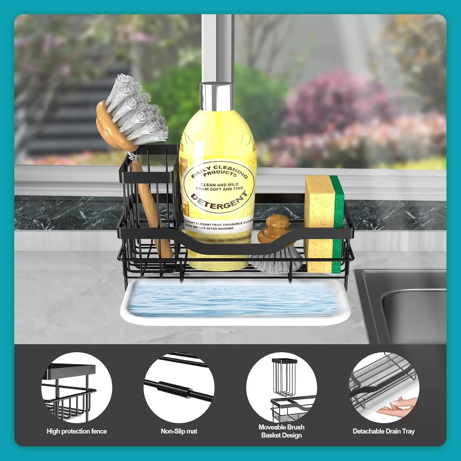 Sponge Holder for Sink Organizer, Multifunctional Rustproof Dish Soap Caddy With Detachable Brush Holder & Drain Tray -