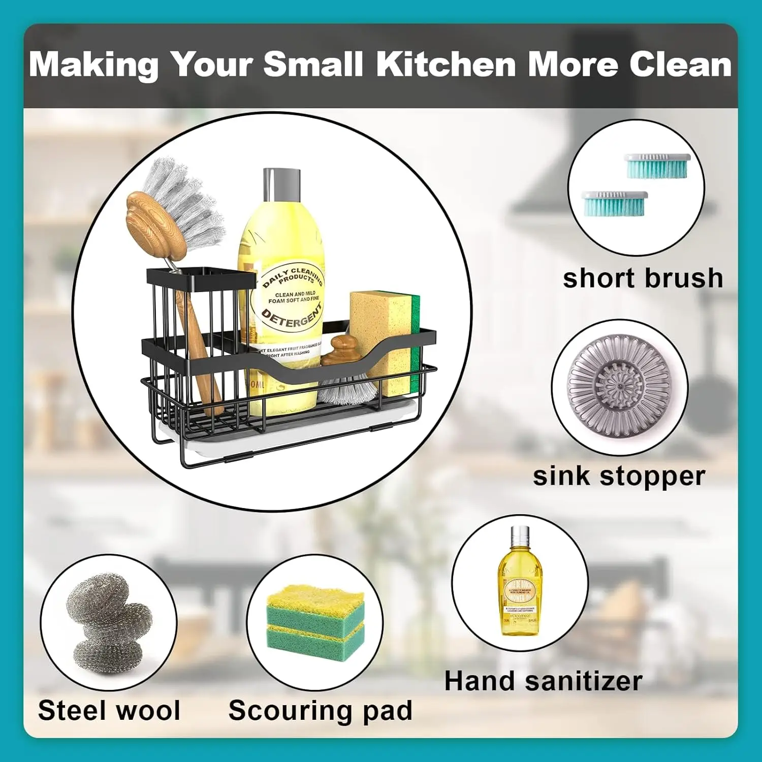 Sponge Holder for Sink Organizer, Multifunctional Rustproof Dish Soap Caddy With Detachable Brush Holder & Drain Tray -