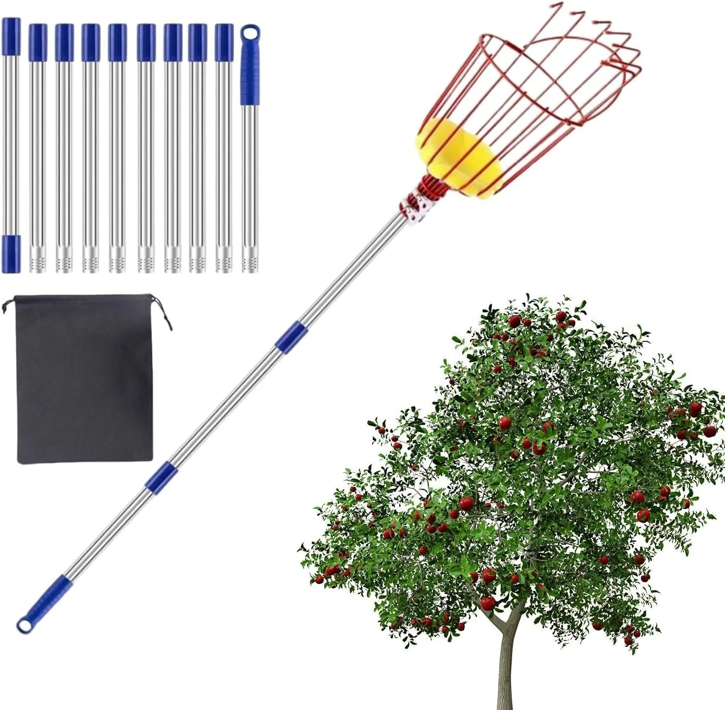 Fruit Picker Pole Tool with Basket 4M Telescoping Long Handle Fruit Grabber Tool