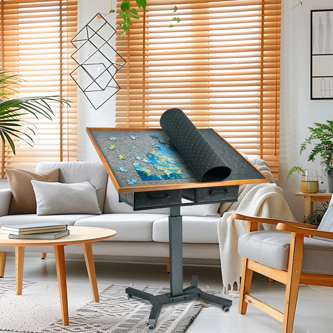 Freestanding Jigsaw Puzzle Table w/ Drawers, Adjustable 1500pcs Board, 360° Rotating Wheels, Portable Workstation