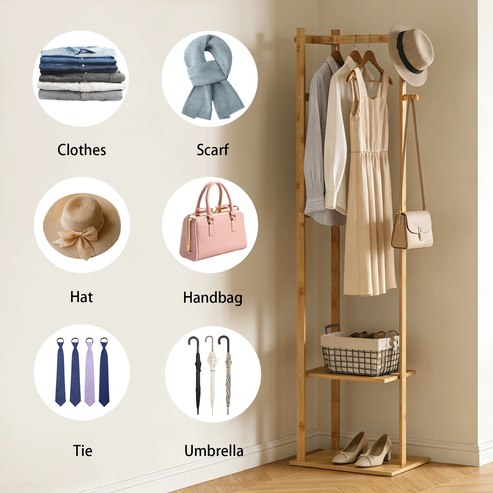 Bamboo Corner Coat Rack Stand - Freestanding Entryway Storage Shelves with Hanger Hooks for Home Organization
