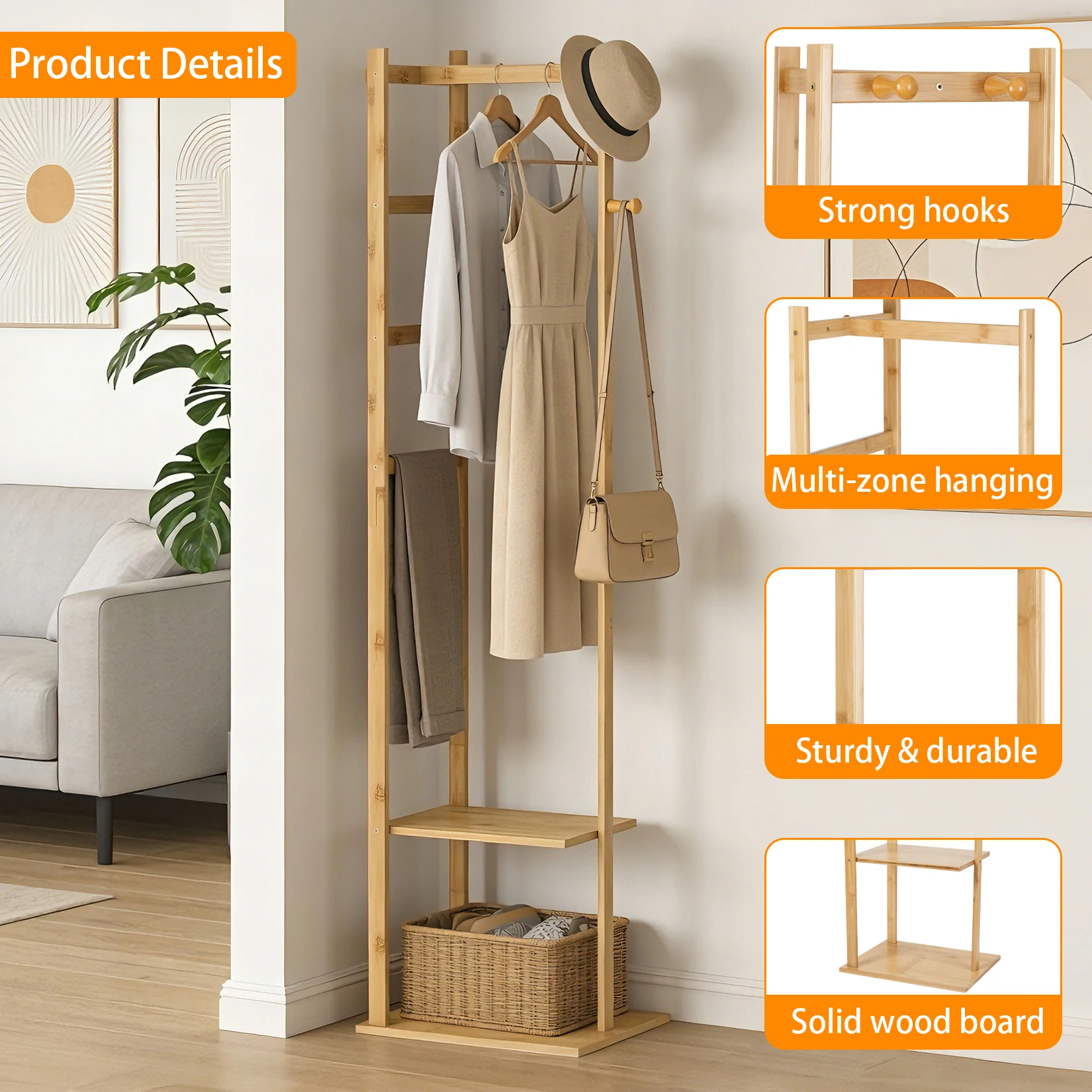Bamboo Corner Coat Rack Stand - Freestanding Entryway Storage Shelves with Hanger Hooks for Home Organization
