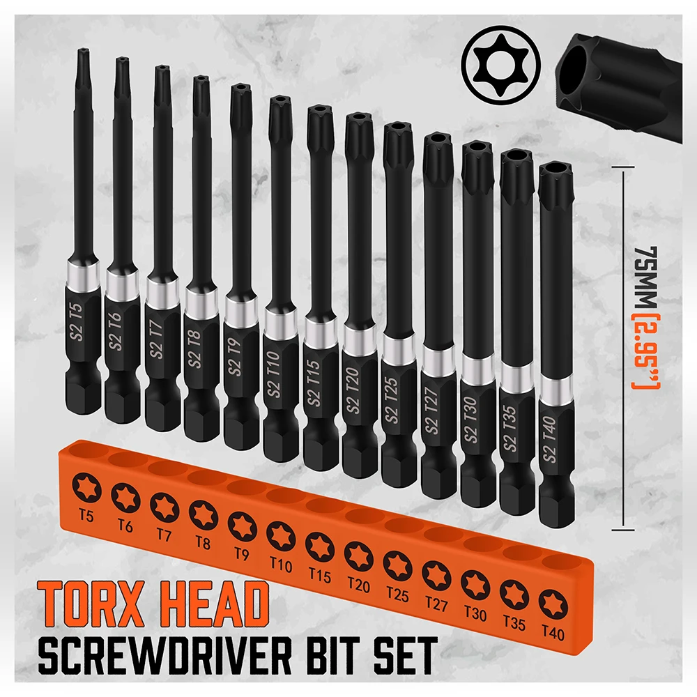 HORUSDY 13Pc Magnetic Torx Screwdriver Bit Set Tamper Proof Long Torque Sleeve T5-T40