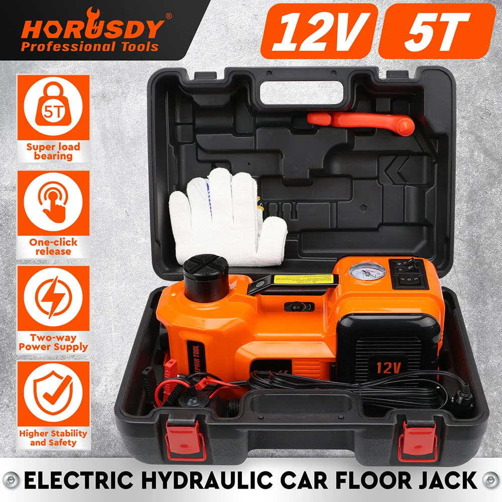 HORUSDY 5Ton 12V Electric Hydraulic Floor Jack Lift Built-in Tire Inflator Pump