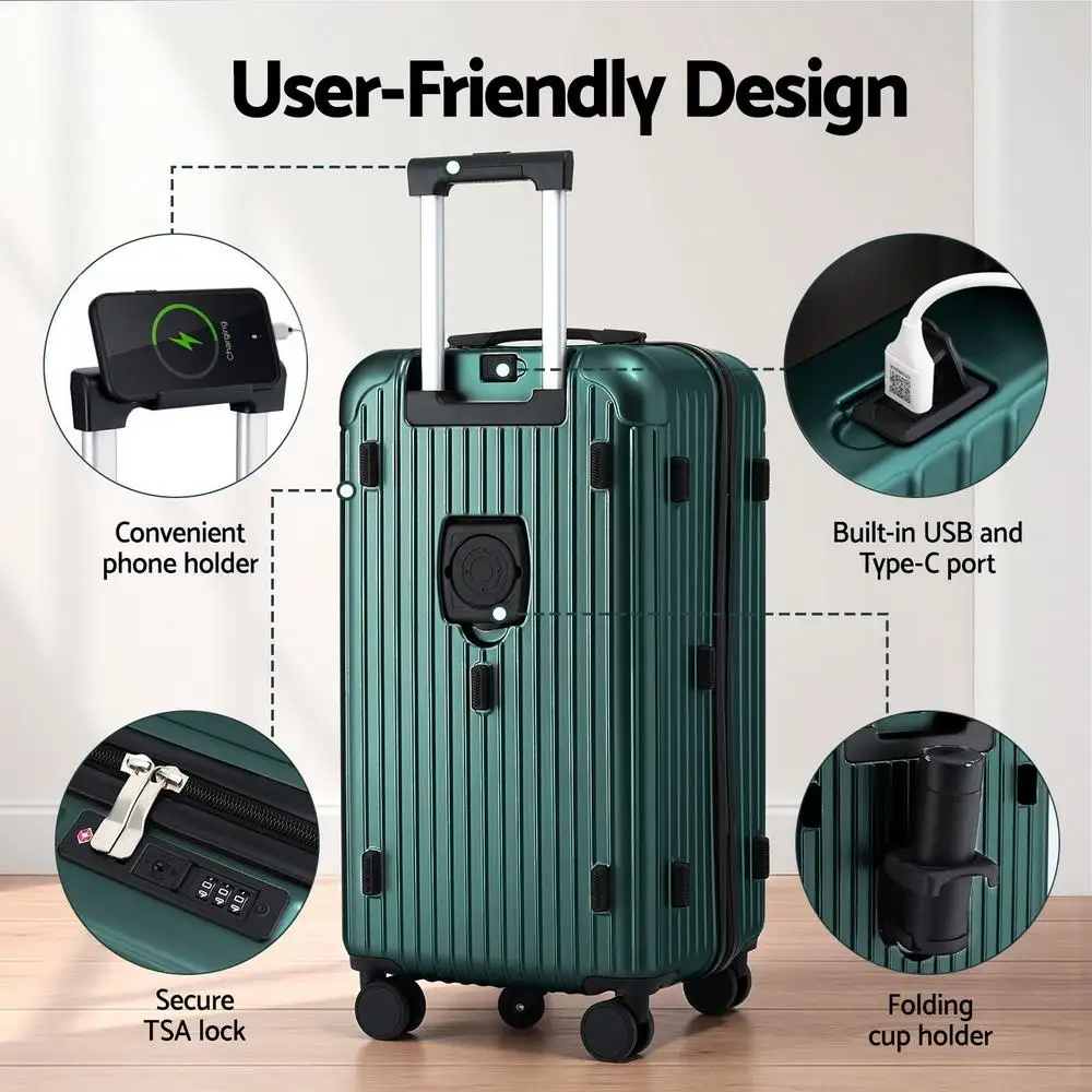 28 Inch Hard Shell Trunk Luggage Suitcase with 5 Wheels Type C Port TSA Lock Green Travel Checked Bag
