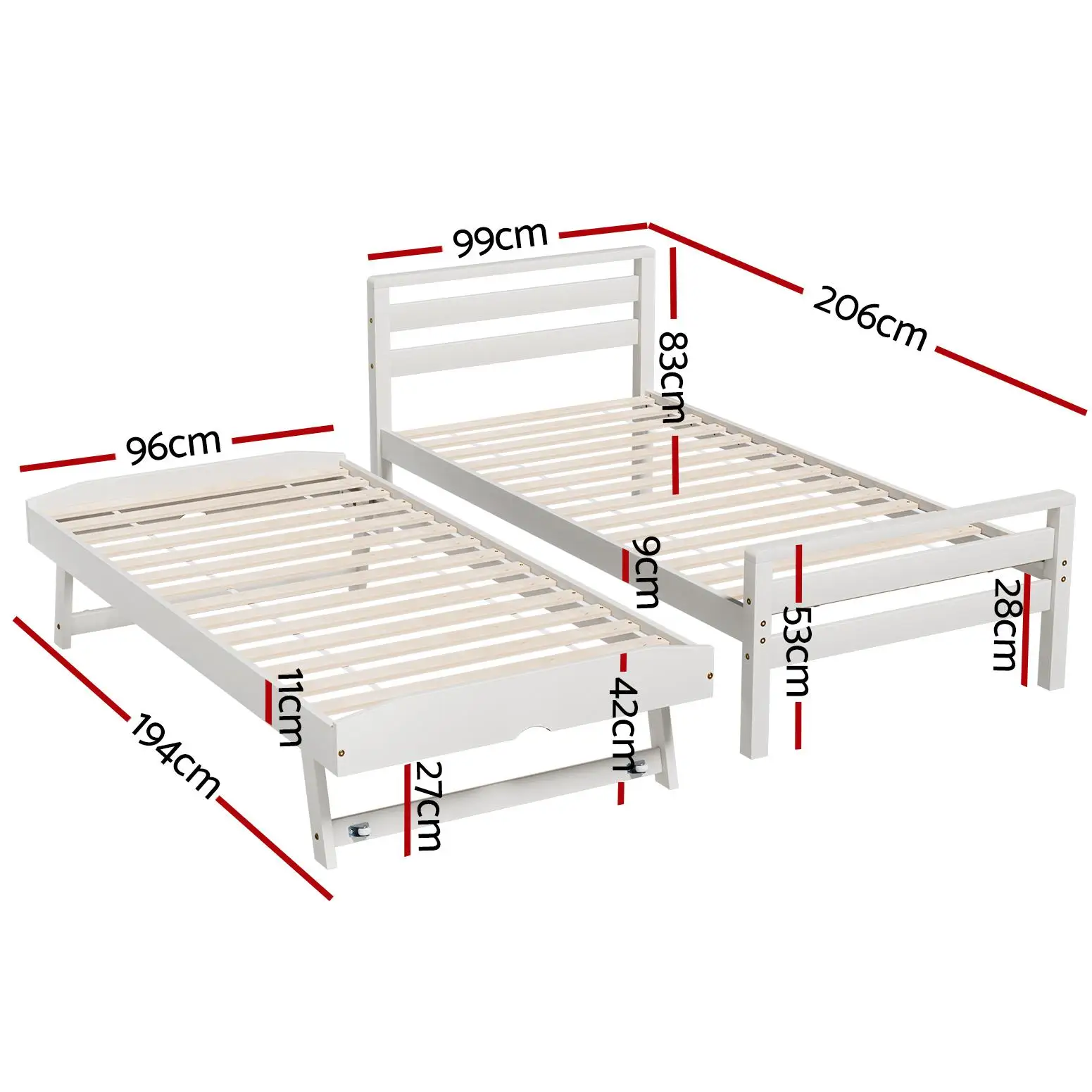Single Size 2 in 1 Wooden Trundle Bed Frame White Platform Storage Bedroom Furniture