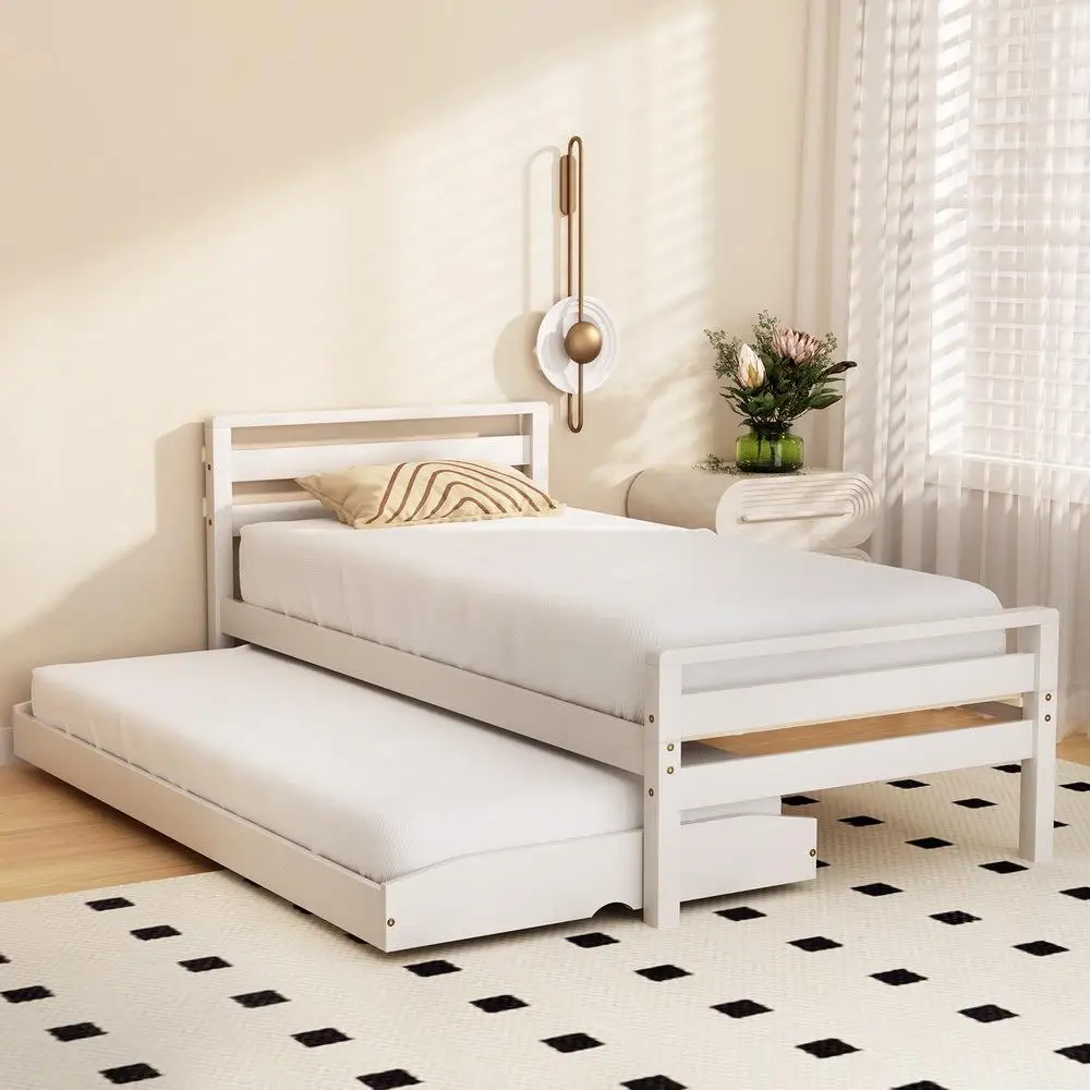 Single Size 2 in 1 Wooden Trundle Bed Frame White Platform Storage Bedroom Furniture