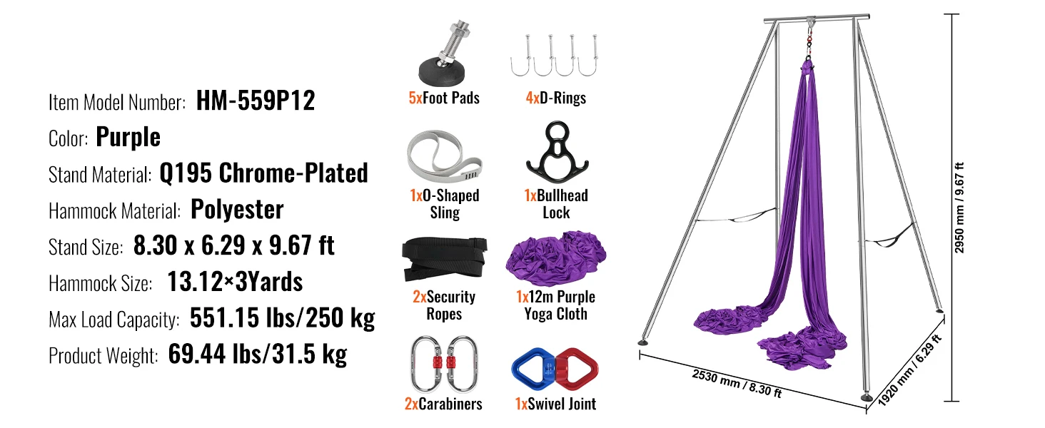 SucceBuy Aerial Yoga Frame & Hammock9.67ft Yoga Swing Stand W/13.1 Yards Aerial Hammock Max 551lbs Yoga Rig for Indoor Outdoor
