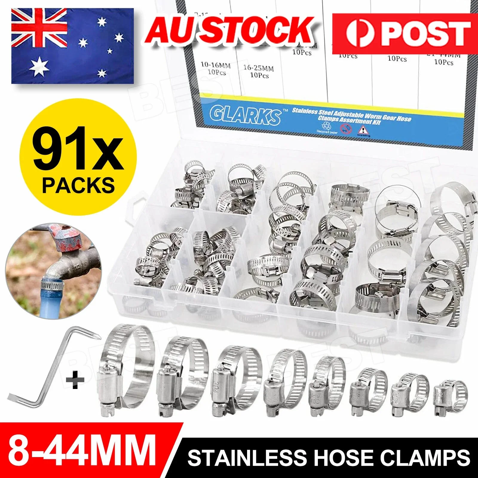 91x Stainless Steel Hose Clamps Clips Adjustable Range Worm Gear Pipe Clamp