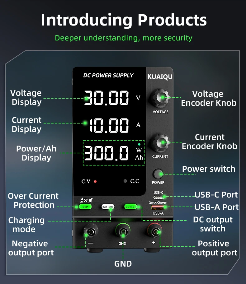 KUAIQU Lab Bench Power Supply Adjustable 3.7V 4.8V 12V 24V 48V 60V 72V 100V Battery Charging For R&D,Activate battery,BMS Test