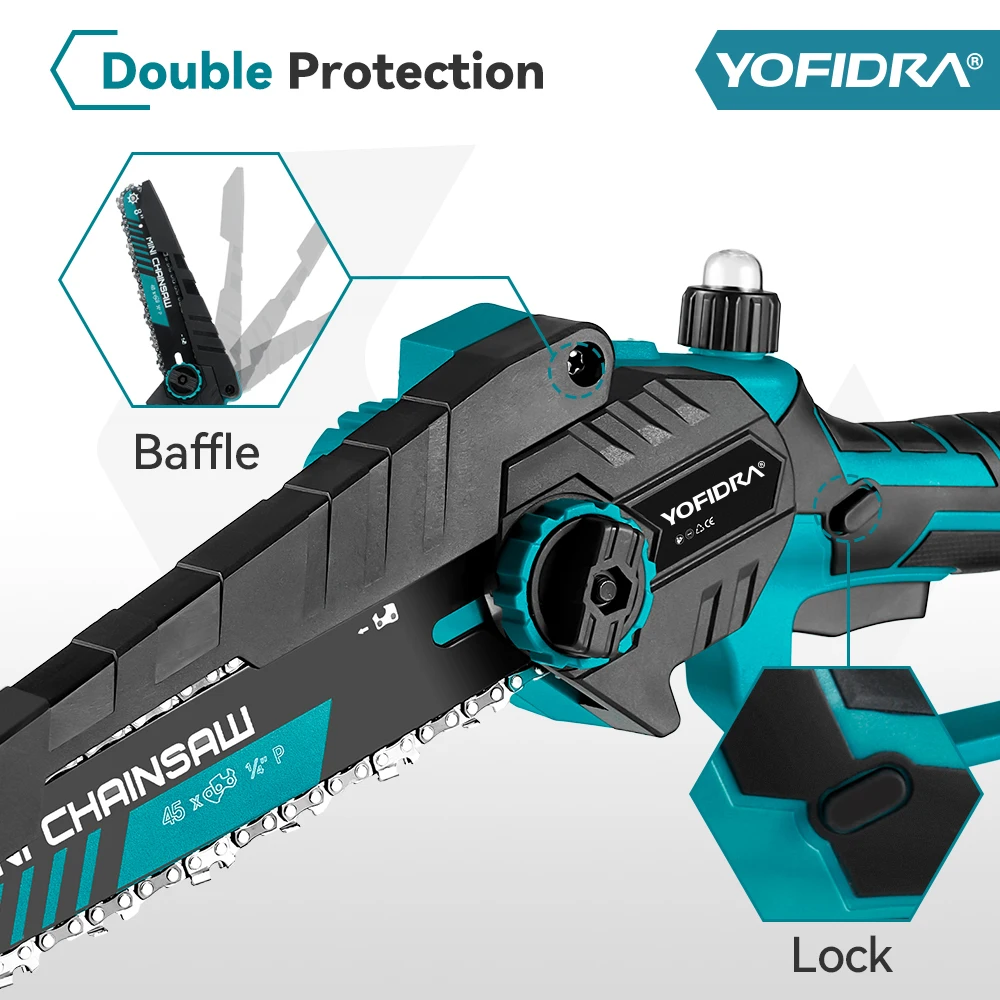 YOFIDRA 8 Inch Brushless Electric Chainsaw Cordless Woodworking Pruning Saw Garden Cutting Power Tool For Makita 21V Battery Pin