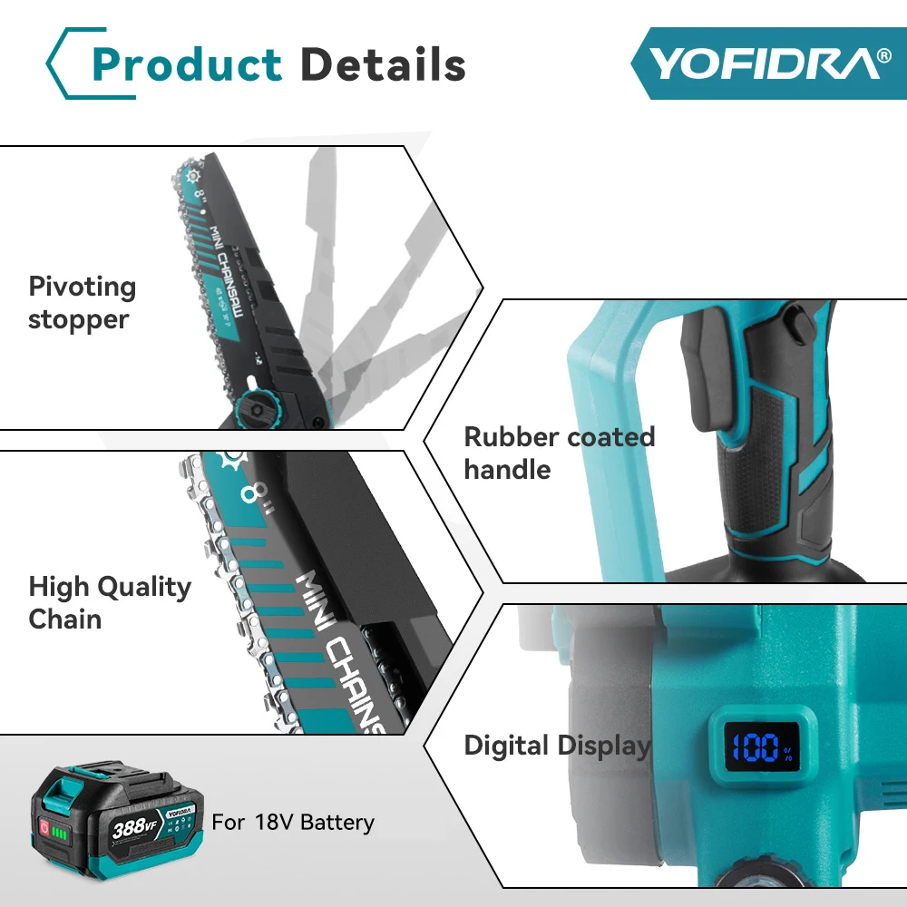 YOFIDRA 8 Inch Brushless Electric Chainsaw Cordless Woodworking Pruning Saw Garden Cutting Power Tool For Makita 21V Battery Pin