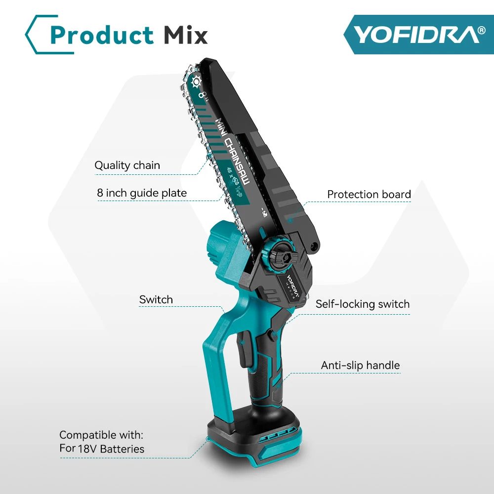 YOFIDRA 8 Inch Brushless Electric Chainsaw Cordless Woodworking Pruning Saw Garden Cutting Power Tool For Makita 21V Battery Pin