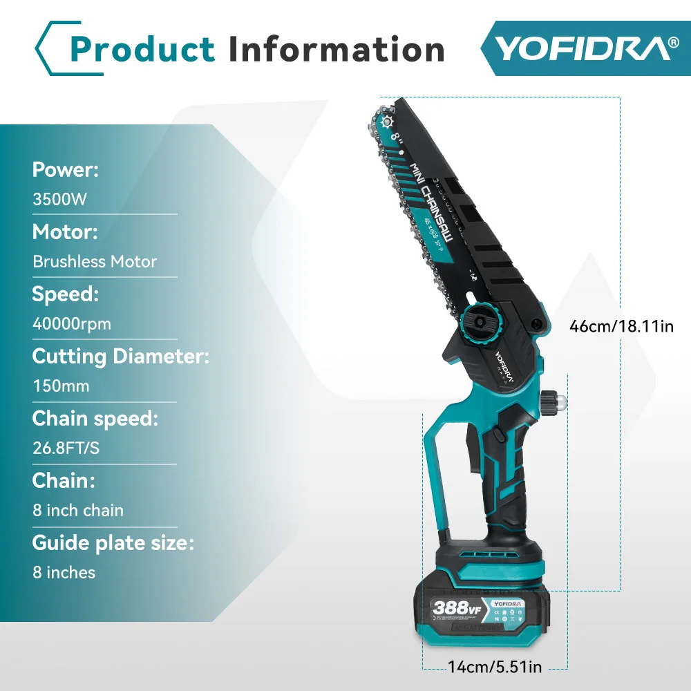 YOFIDRA 8 Inch Brushless Electric Chainsaw Cordless Woodworking Pruning Saw Garden Cutting Power Tool For Makita 21V Battery Pin