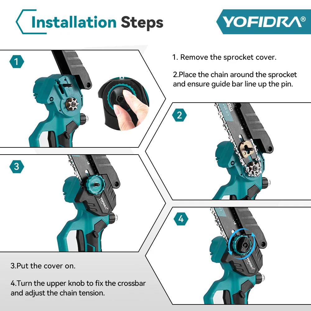 YOFIDRA 8 Inch Brushless Electric Chainsaw Cordless Woodworking Pruning Saw Garden Cutting Power Tool For Makita 21V Battery Pin