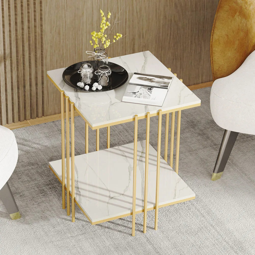 LUVODI 2-Tier Marble Sofa Side Coffee Table Square Metal Frame Gold Black Modern Living Room Furniture