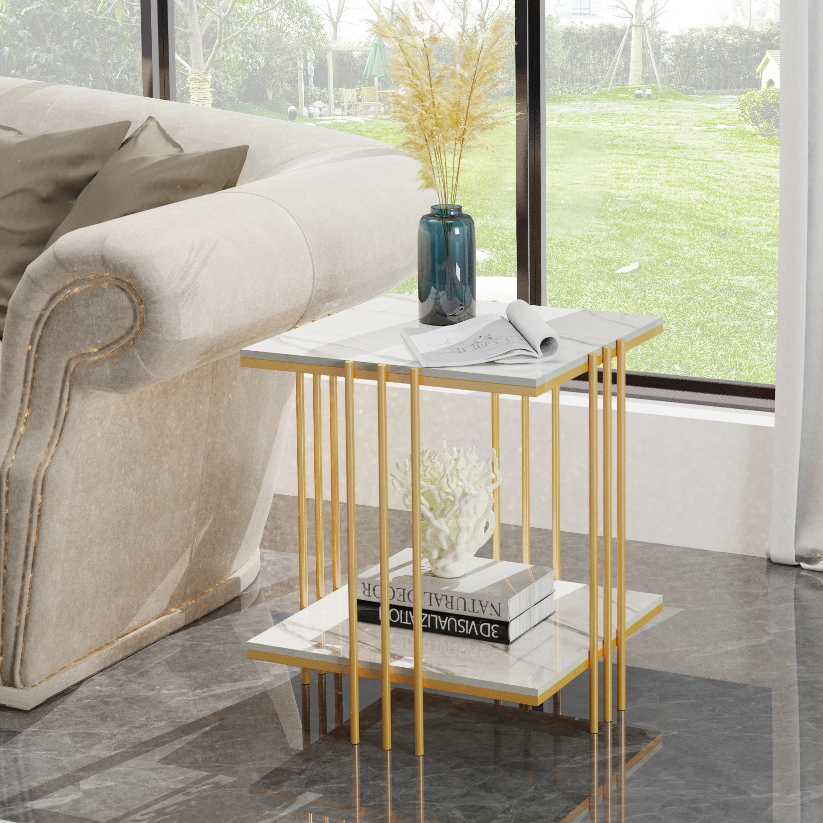 LUVODI 2-Tier Marble Sofa Side Coffee Table Square Metal Frame Gold Black Modern Living Room Furniture