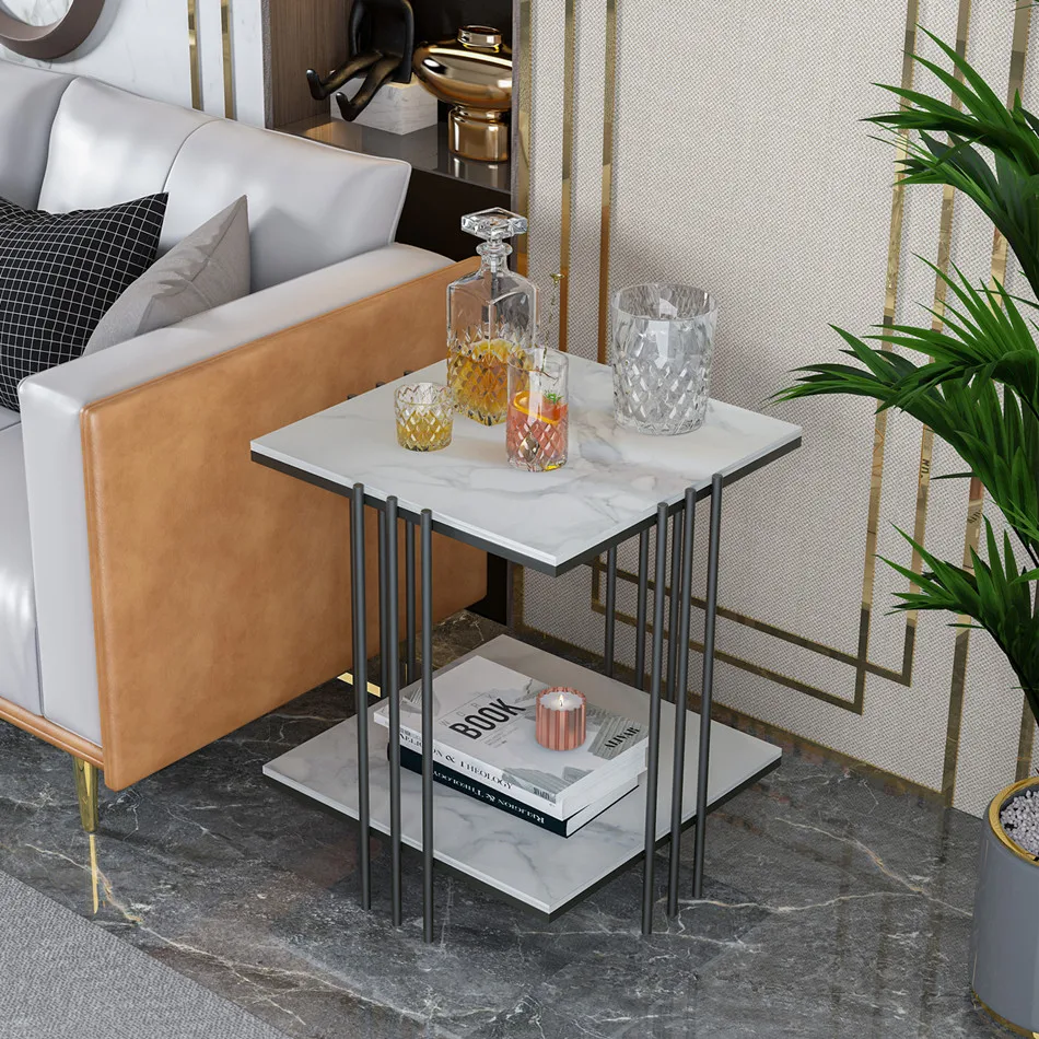 LUVODI 2-Tier Marble Sofa Side Coffee Table Square Metal Frame Gold Black Modern Living Room Furniture