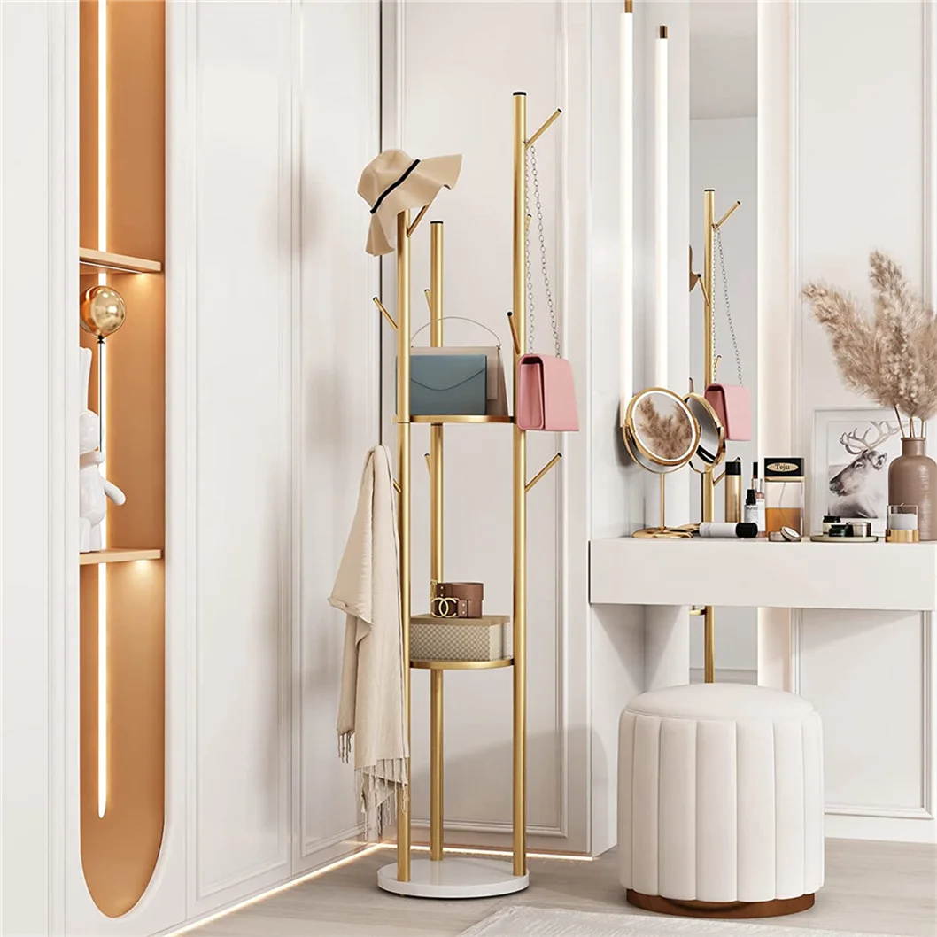 Metal Gold Coat Rack Stand with Marble Shelf Hall Tree Organizer Hanger for Entryway Decorative Storage