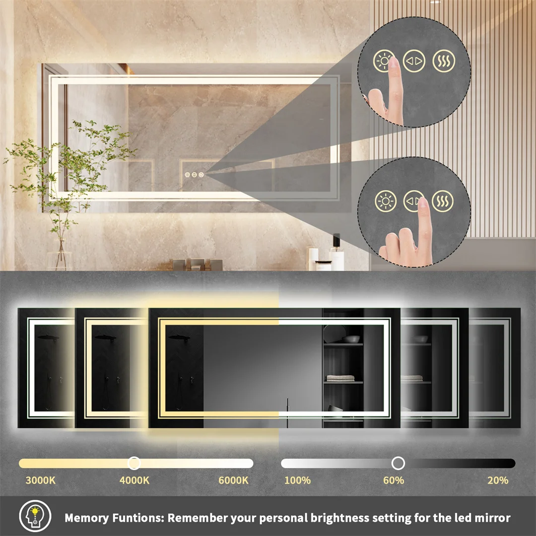LUVODI Large Bathroom Mirror with Lights Double Sink Full Length Dimmable Triple Color Light Illuminated Dressing Salon Mirror