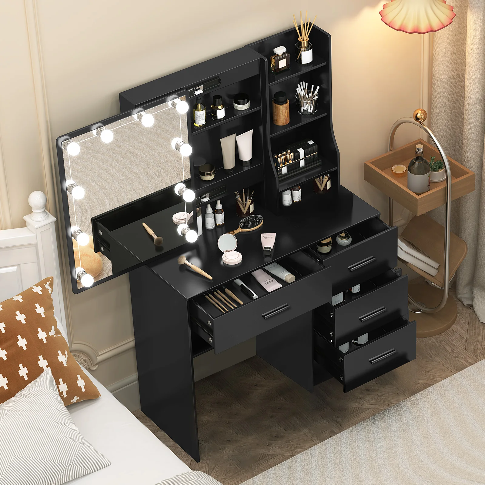 LED Lights Vanity Desk Makeup Dressing Table Set with 4 Drawers Sliding Mirror