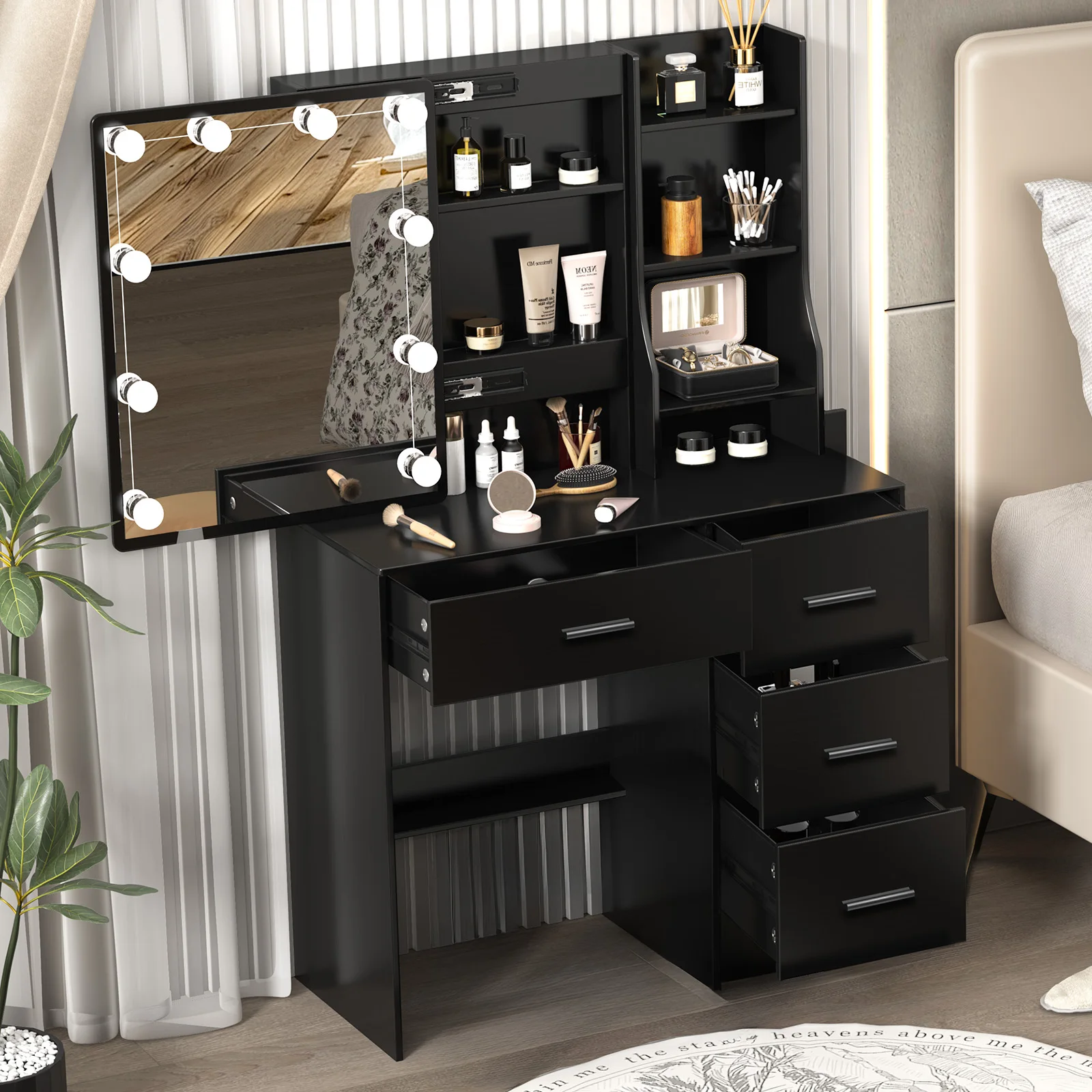LED Lights Vanity Desk Makeup Dressing Table Set with 4 Drawers Sliding Mirror