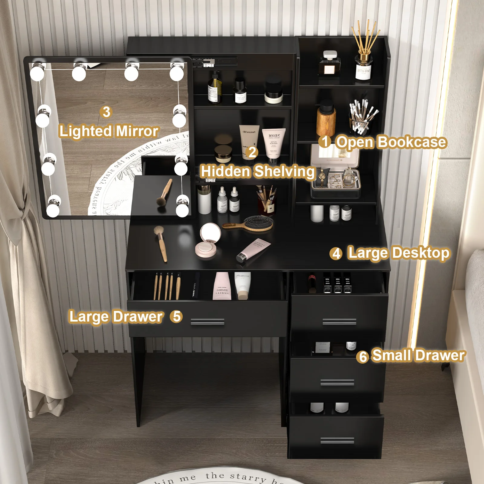 LED Lights Vanity Desk Makeup Dressing Table Set with 4 Drawers Sliding Mirror