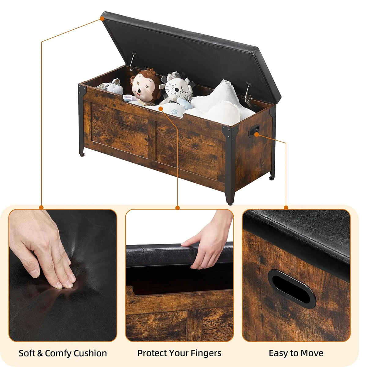 Wooden Storage Chest with Hinges Metal Frame Toy Chest Organizer Entryway Shoe Bench for Hallway Bedroom Living Room