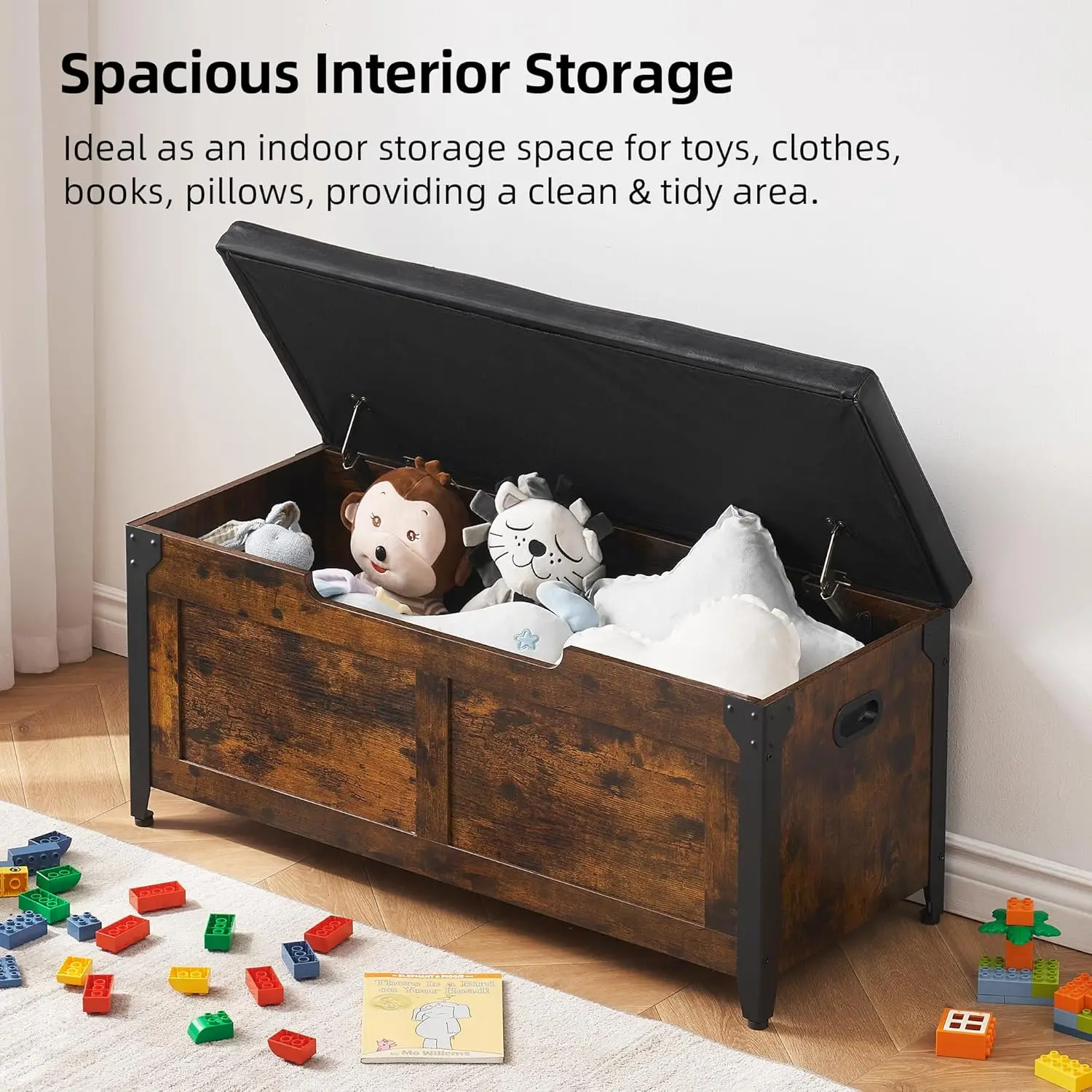 Wooden Storage Chest with Hinges Metal Frame Toy Chest Organizer Entryway Shoe Bench for Hallway Bedroom Living Room