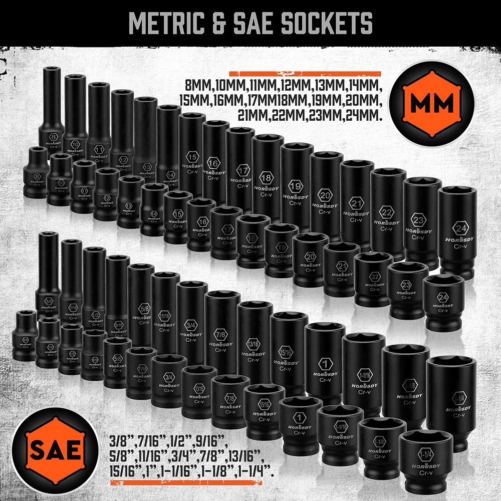 HORUSDY 66Pc 1/2" Impact Socket Set Metric & SAE Deep Sockets Ratchet Wrench