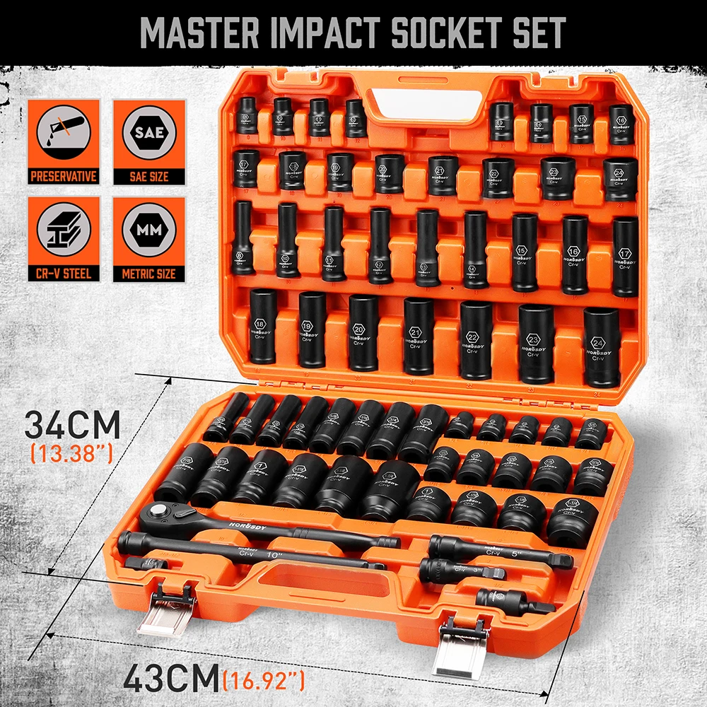 HORUSDY 66Pc 1/2" Impact Socket Set Metric & SAE Deep Sockets Ratchet Wrench