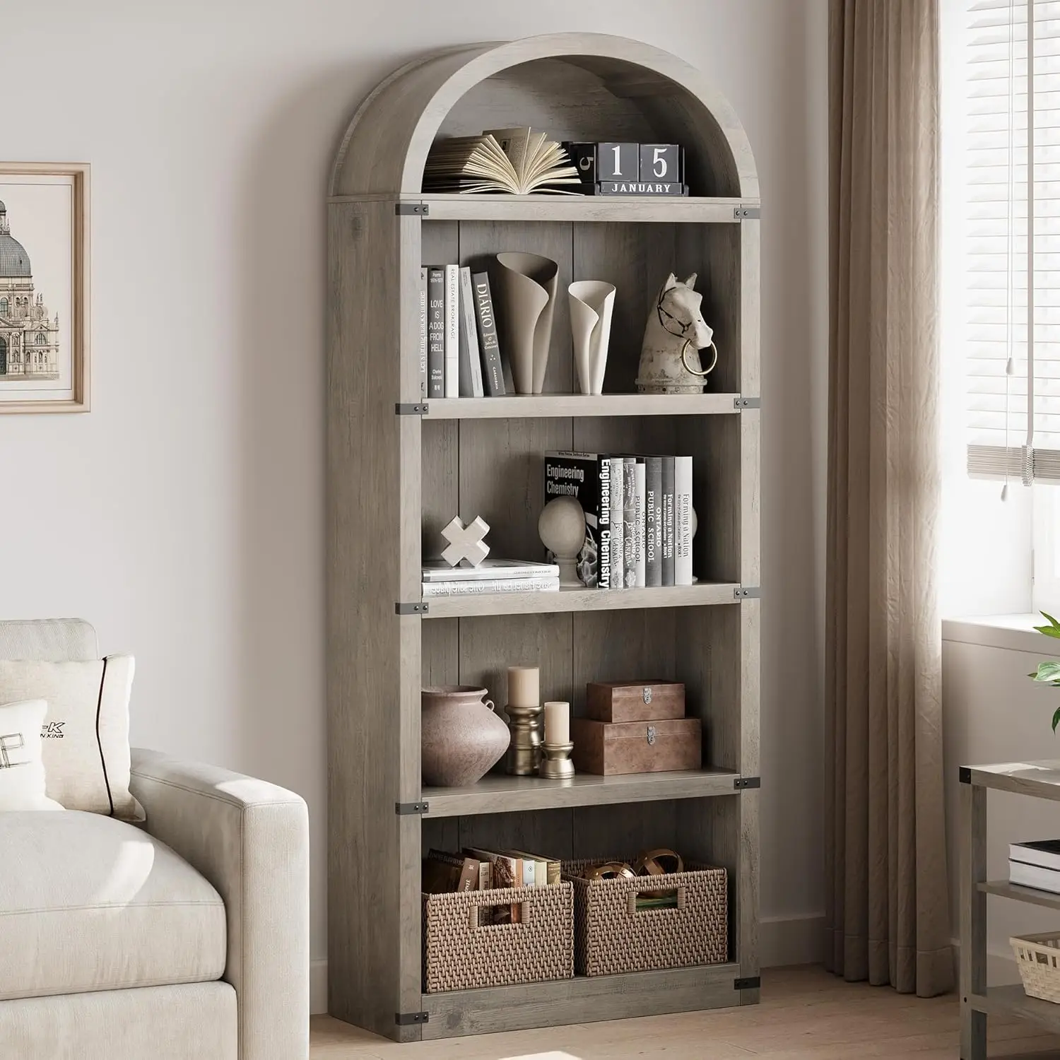5-Tier Arch Bookcase,1.82m Tall Arched Bookshelf, Display Rack Wood Book Shelf, Open Storage Shelf for Living Room,Home, Office