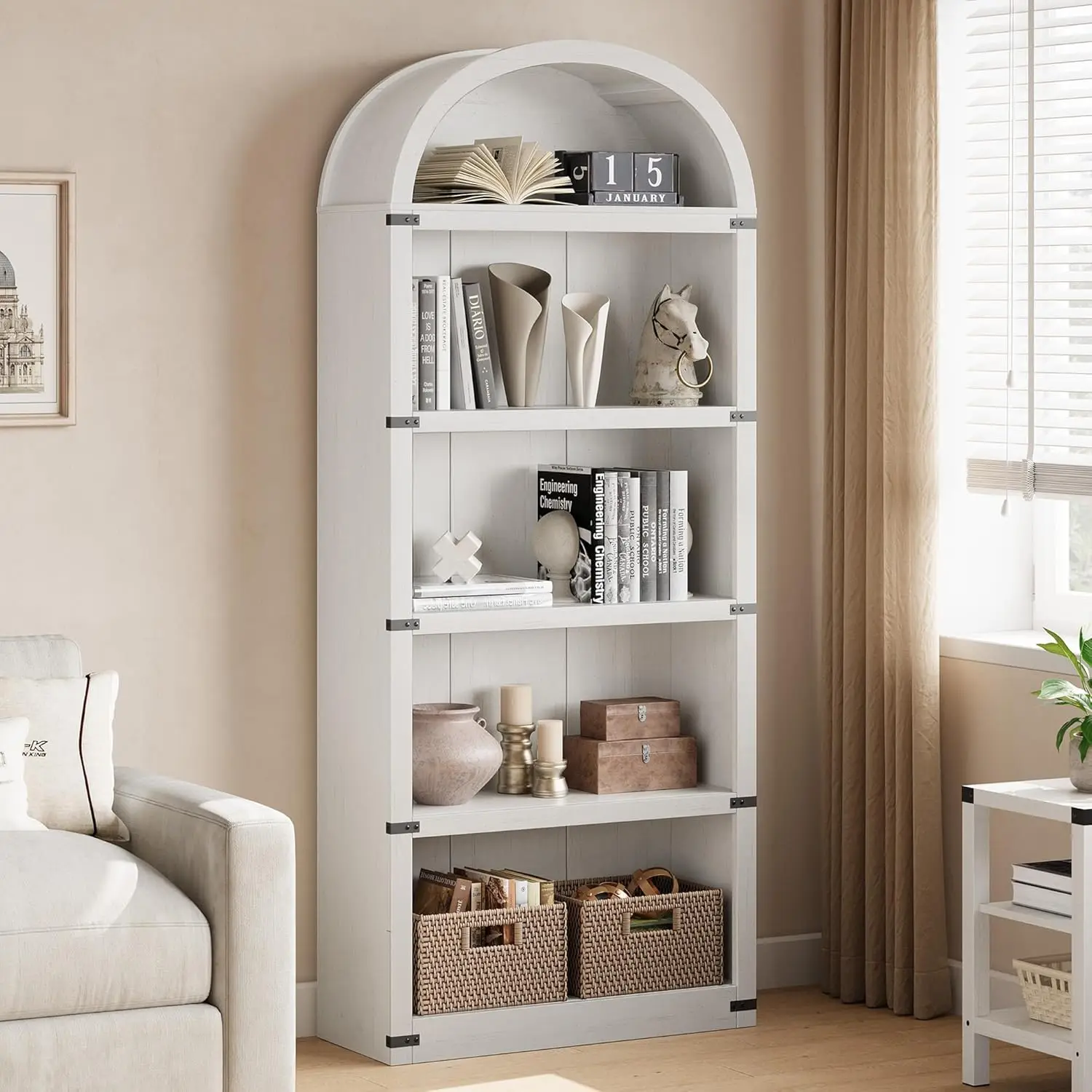 5-Tier Arch Bookcase,1.82m Tall Arched Bookshelf, Display Rack Wood Book Shelf, Open Storage Shelf for Living Room,Home, Office