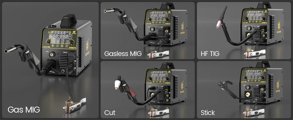 HZXVOGEN 6 in 1 Aluminum Welding Machine MMA/Gasless MIG/Gas MIG/HF TIG/Spot Welder/Plasma Cutter 2/4T Synergic Control HVM270