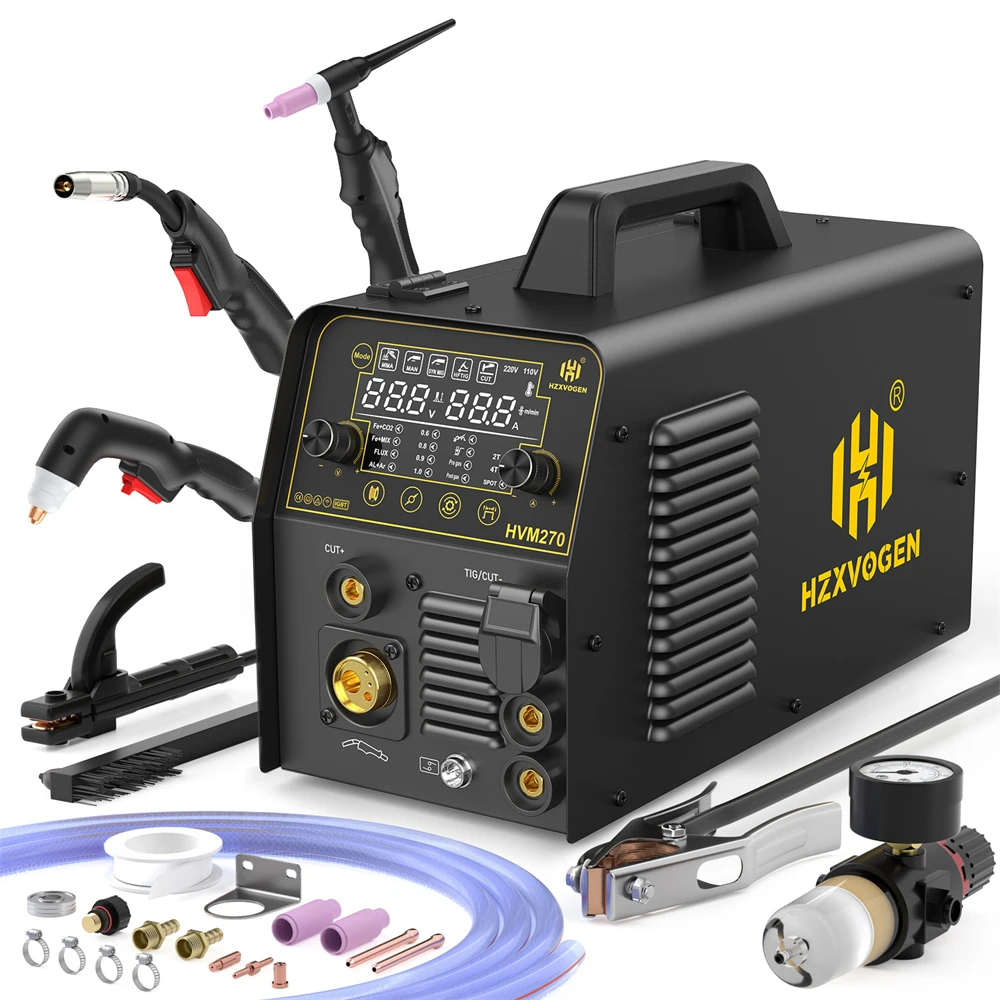HZXVOGEN 6 in 1 Aluminum Welding Machine MMA/Gasless MIG/Gas MIG/HF TIG/Spot Welder/Plasma Cutter 2/4T Synergic Control HVM270