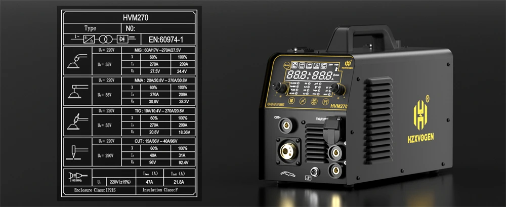 HZXVOGEN 6 in 1 Aluminum Welding Machine MMA/Gasless MIG/Gas MIG/HF TIG/Spot Welder/Plasma Cutter 2/4T Synergic Control HVM270