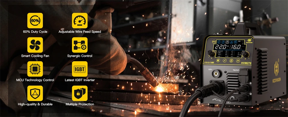HZXVOGEN 6 in 1 Aluminum Welding Machine MMA/Gasless MIG/Gas MIG/HF TIG/Spot Welder/Plasma Cutter 2/4T Synergic Control HVM270
