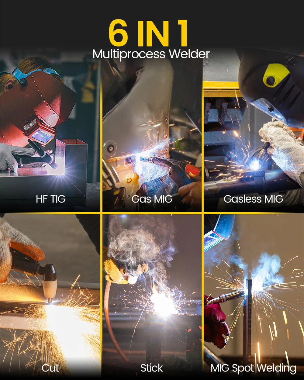HZXVOGEN 6 in 1 Aluminum Welding Machine MMA/Gasless MIG/Gas MIG/HF TIG/Spot Welder/Plasma Cutter 2/4T Synergic Control HVM270