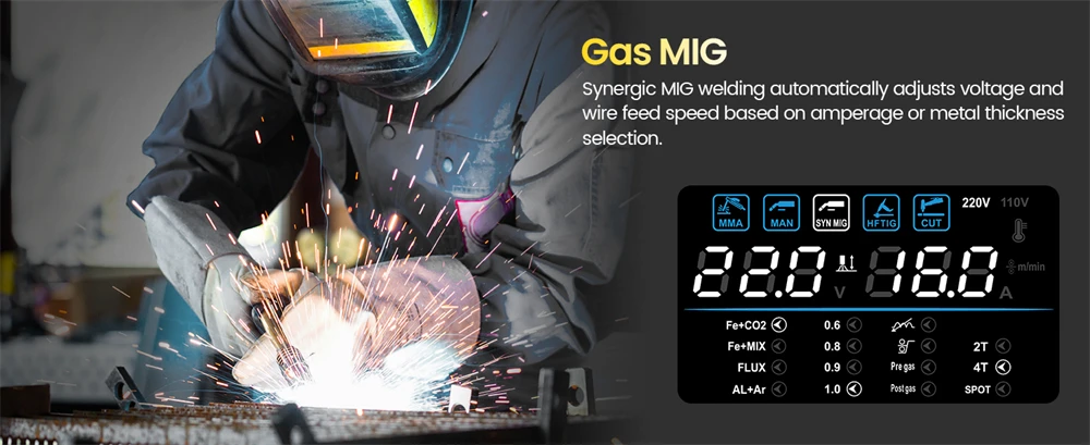 HZXVOGEN 6 in 1 Aluminum Welding Machine MMA/Gasless MIG/Gas MIG/HF TIG/Spot Welder/Plasma Cutter 2/4T Synergic Control HVM270