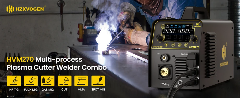 HZXVOGEN 6 in 1 Aluminum Welding Machine MMA/Gasless MIG/Gas MIG/HF TIG/Spot Welder/Plasma Cutter 2/4T Synergic Control HVM270