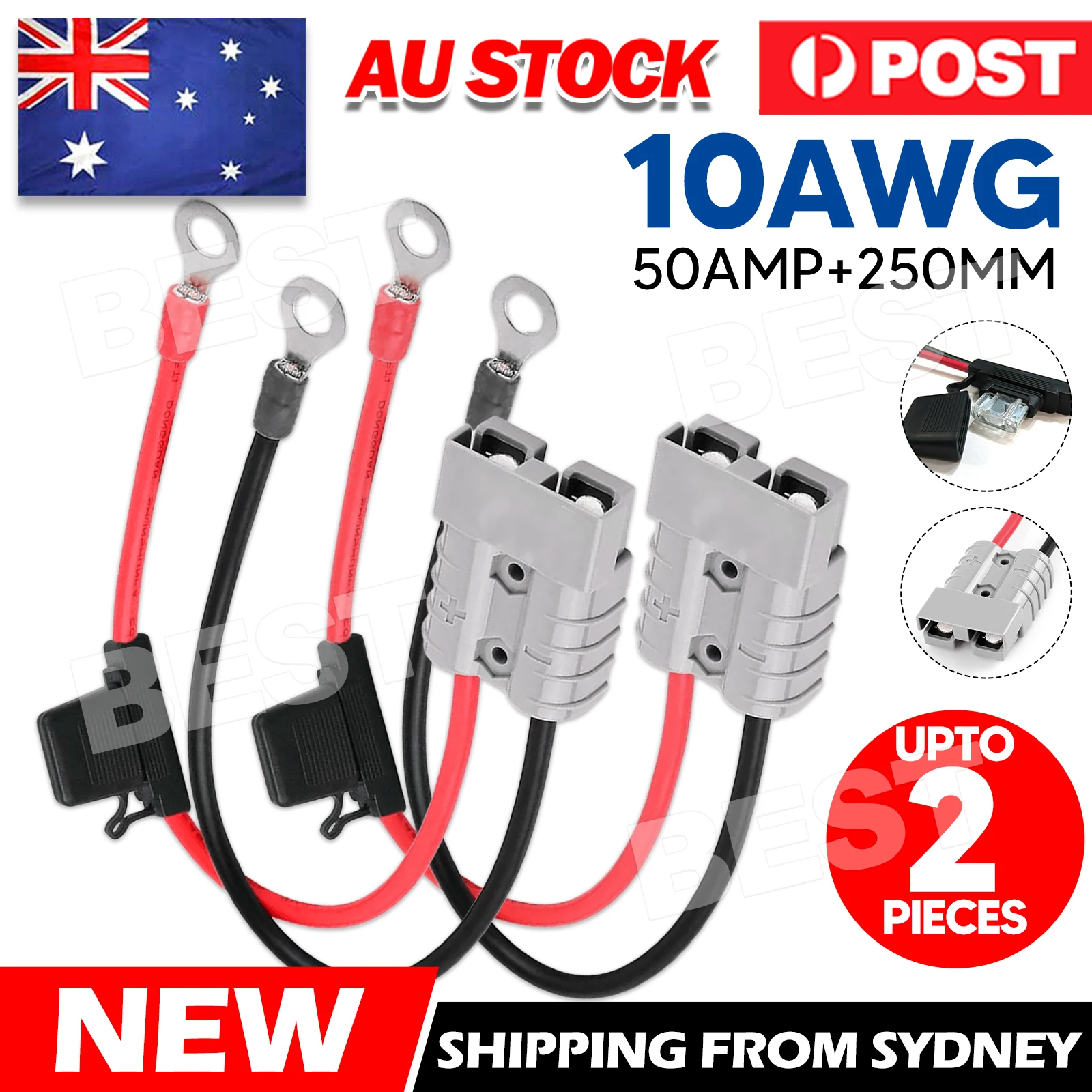 FUSED Anderson Lead 50amp plug to 8mm Lugs, 10 B&S 60 amp cable lead OZ