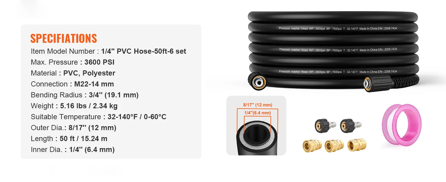 SucceBuy Pressure Washer Hose Kink Free M22-14mm Brass Thread Replacement For Most Brand Pressure Washers 3/4'' Bending Radius